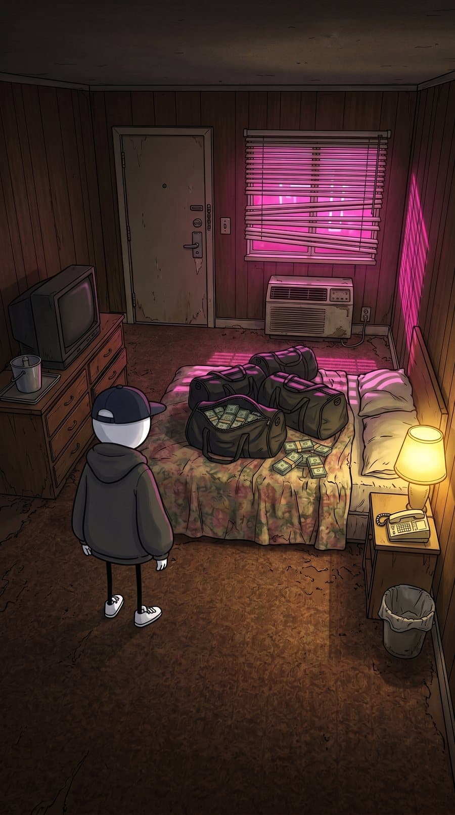 Bags of cash on a motel bed