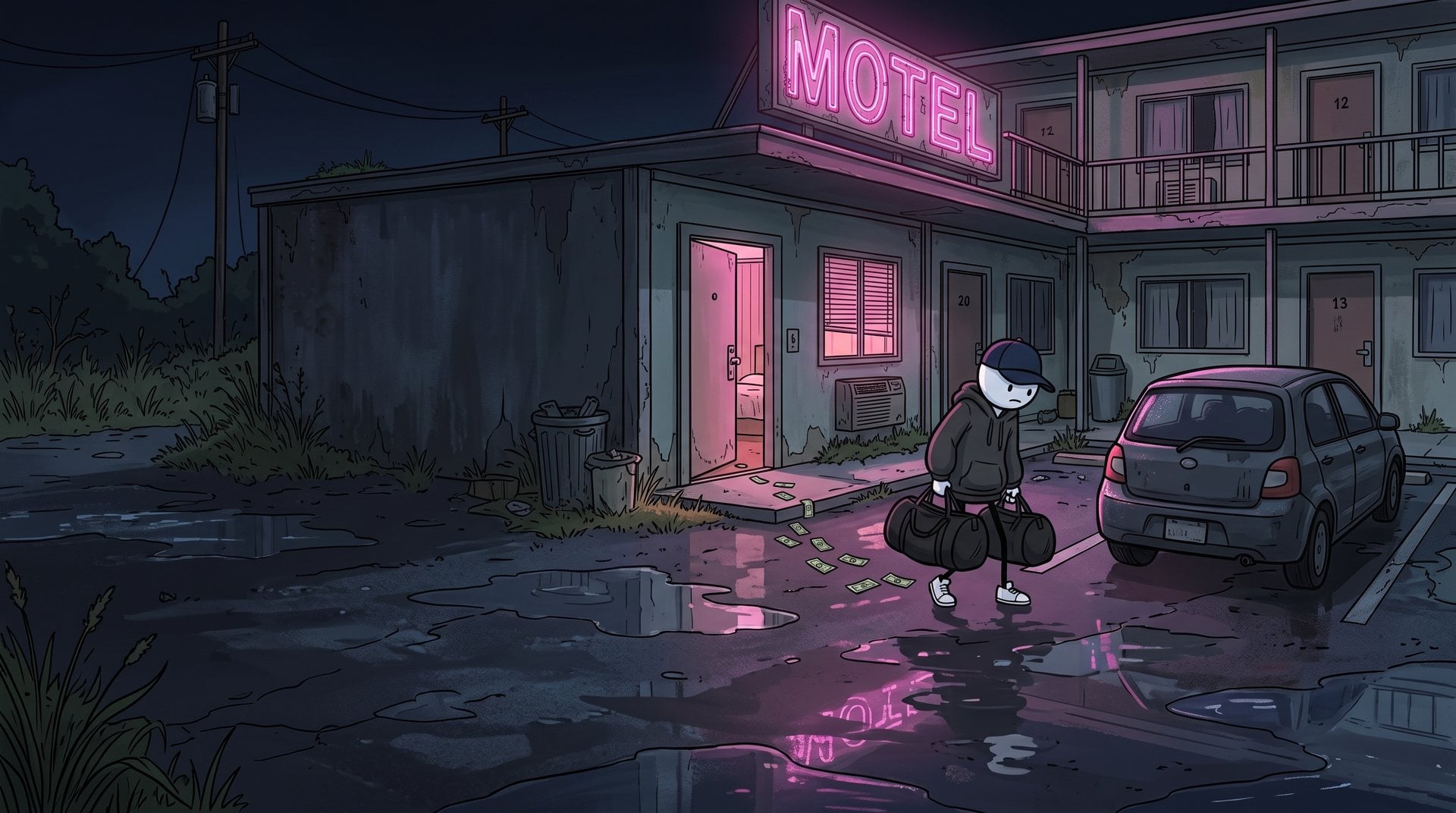 You carry two duffel bags across a wet motel lot at night. A trail of dropped bills leads back to the door.