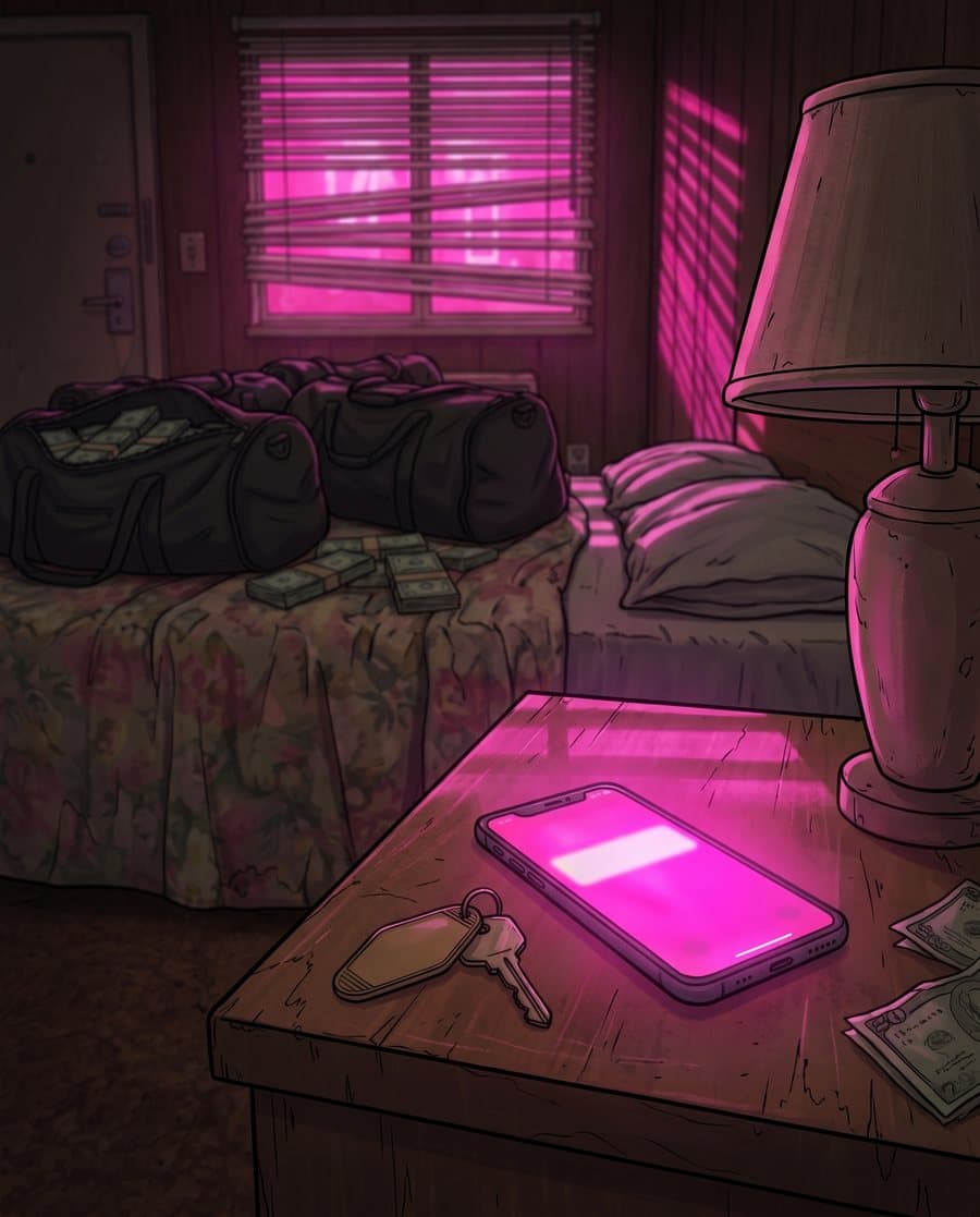 A phone lighting up pink on a motel nightstand